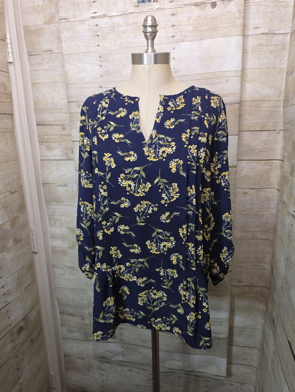 Chaus Navy Floral V-Neck Blouse with Yellow & Olive Sprigs